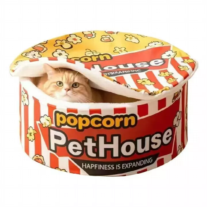 Popcorn Shaped Cat Bed, Creative & Cute Pet House with Removable Washable Pad, 360° Warm for Cats Up to 20 lbs