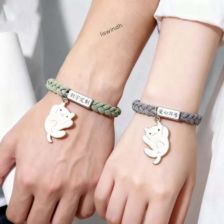 Custom Engraved Cat Bracelet Set, Couple/BFF Friendship Bracelets with Personalized Name Plate, Matching Elastic Rope Bracelets for Lovers, Friends, Husbands & Wives