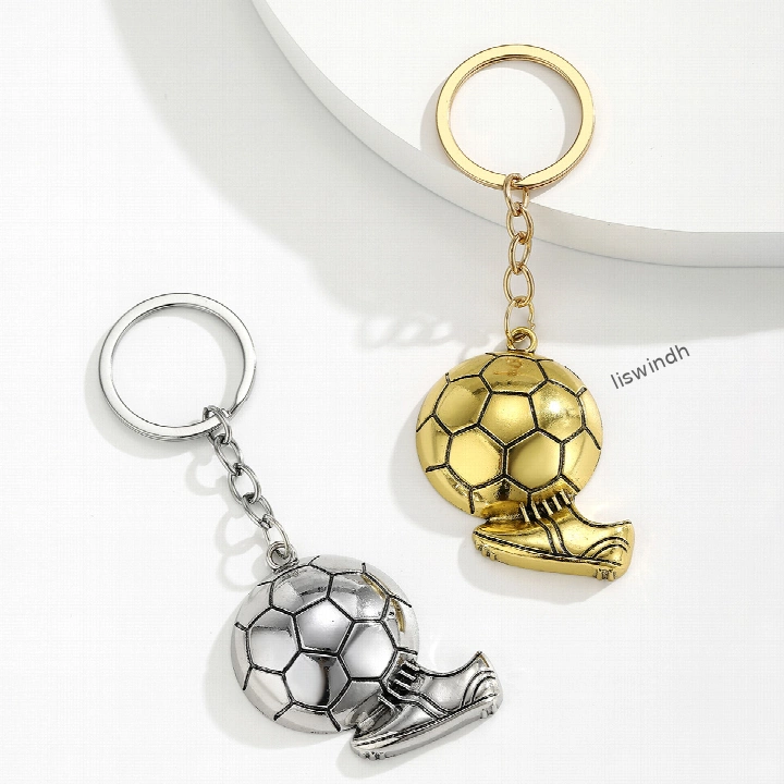 3D Soccer Ball & Cleats Metal Keychain - Football Fan Keyring in Gold/Silver