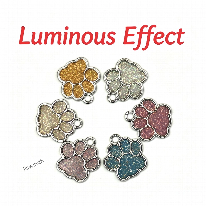 Luminous Glitter Dog Paw Name Tag, Zinc Alloy Pet ID Tag, Glow in The Dark Cat Collar Tag Customizable Anti-Lost Pet Paw Pendant for Small Medium Large Dogs & Cats