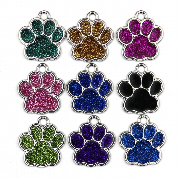 Luminous Glitter Dog Paw Name Tag, Zinc Alloy Pet ID Tag, Glow in The Dark Cat Collar Tag Customizable Anti-Lost Pet Paw Pendant for Small Medium Large Dogs & Cats