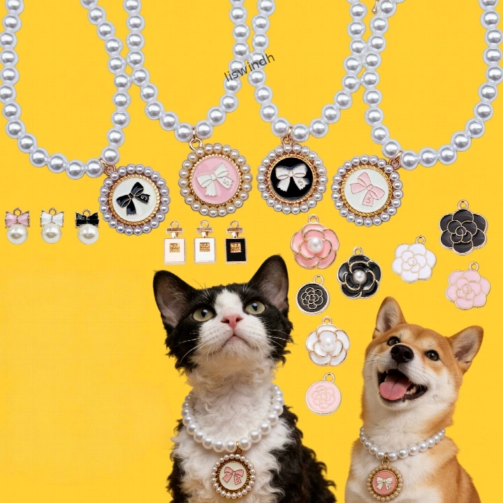 Princess Style Pearl Pet Collar Charms, Enamel Metal Dog Cat Pendant Charms with Bow & Camellia Flower Design, Decorative Bling Pet Necklace Tag Accessories for Small Medium Dogs & Cats, Multiple Cute Styles Available